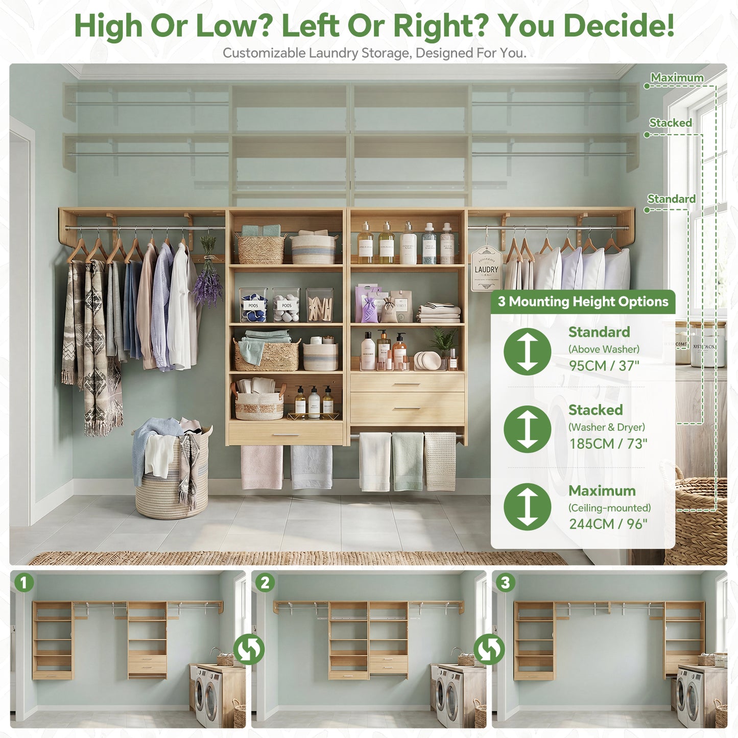 120" Large Laundry Room Organization Set with Pull-Out Drawer/Stand Shelf