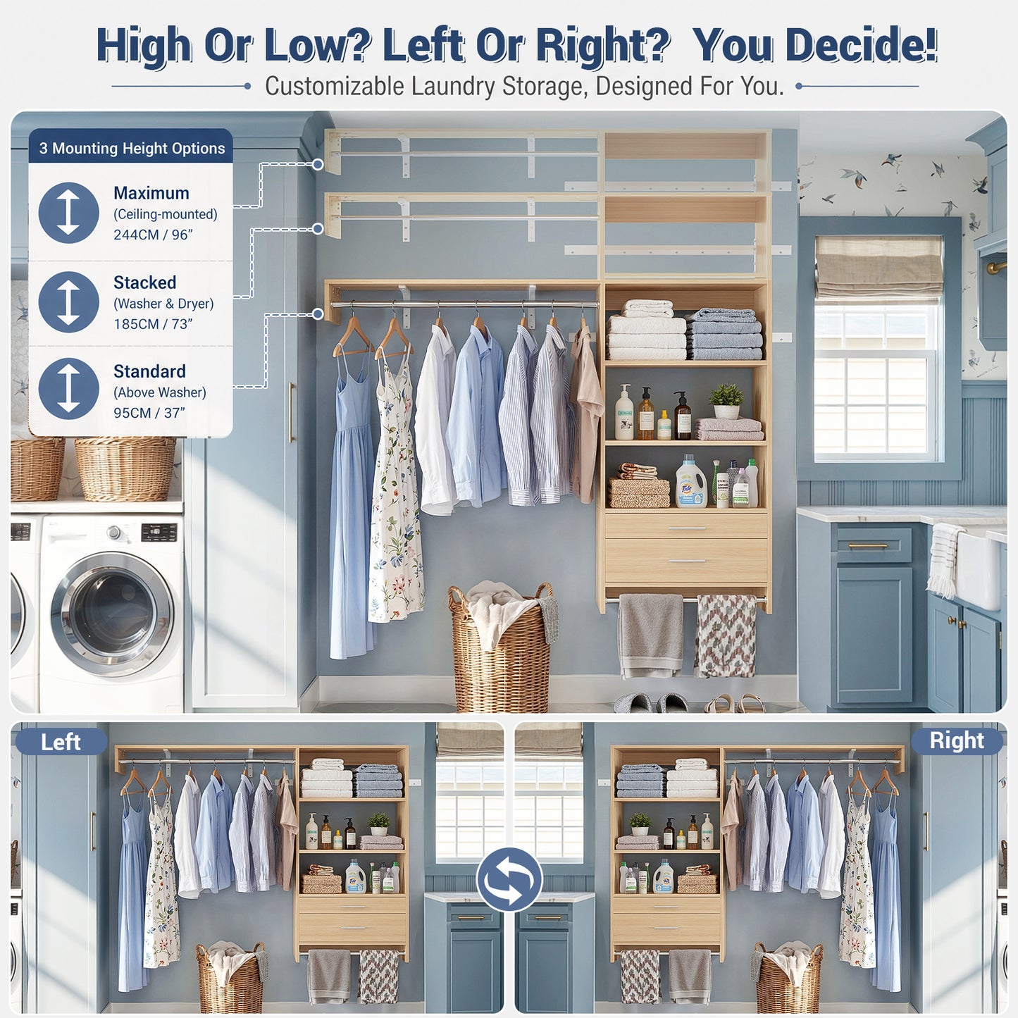 60" Wall Mounted Laundry Room Organization with Pull-out Shelf & Storage