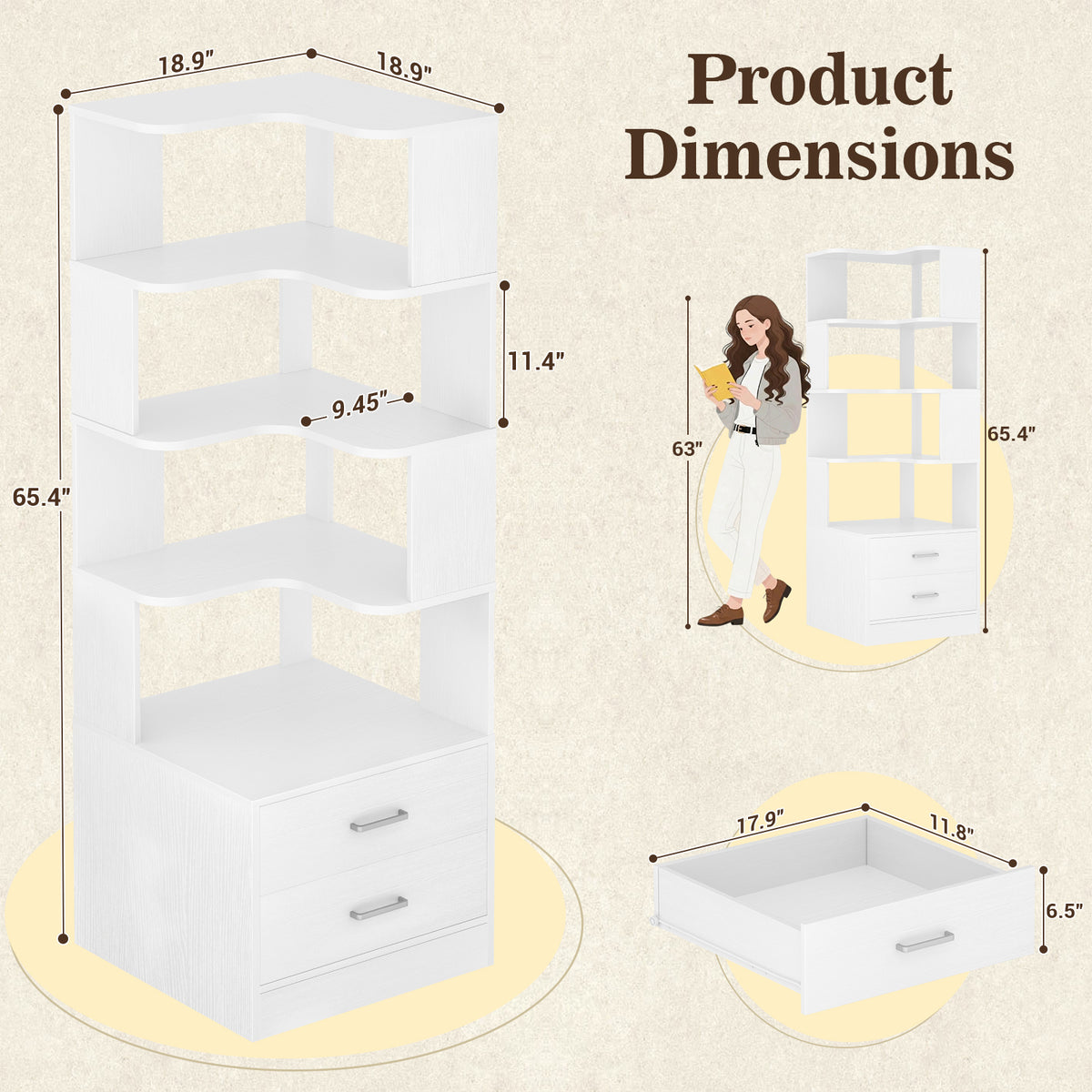 Corner Book Shelf with Drawers, Small Corner Shelf with Drawers