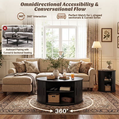 Round Coffee Table with Fluted Tambour Doors and Storage for Living Room
