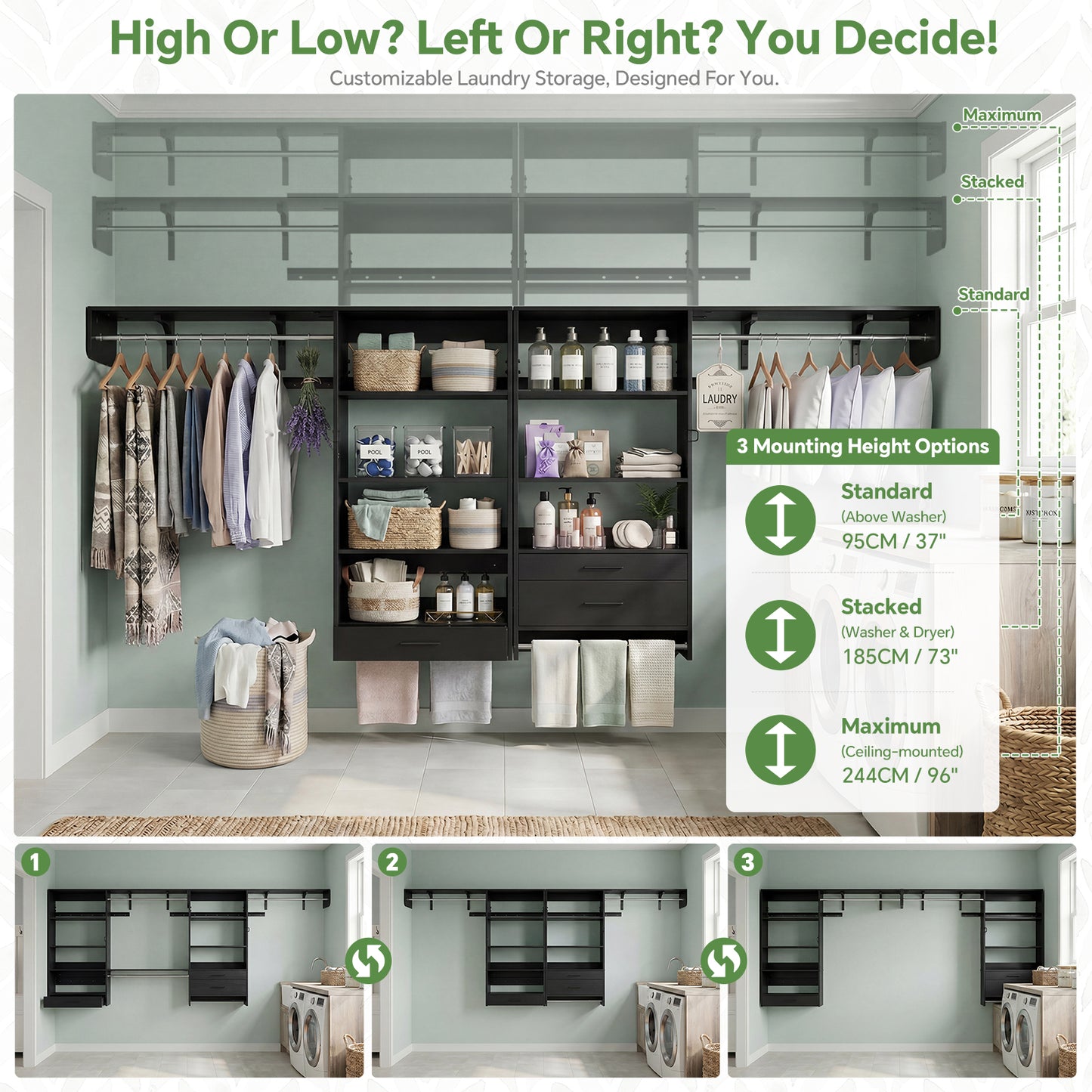120" Large Laundry Room Organization Set with Pull-Out Drawer/Stand Shelf