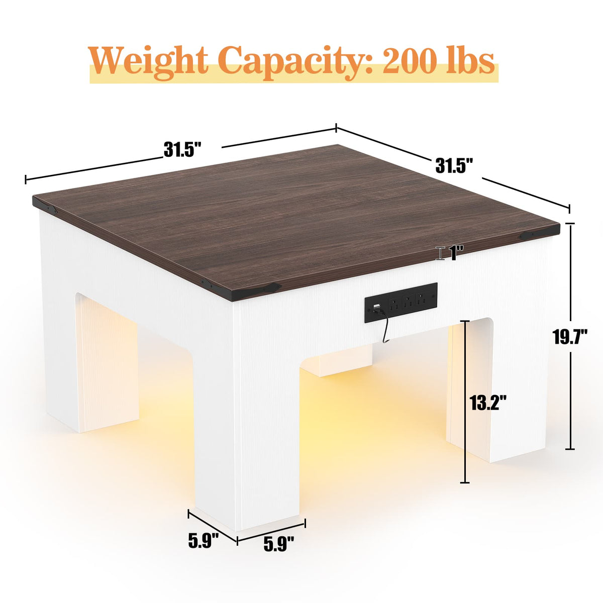 31.5" Square Coffee Table with Charging Station & LED Lights, 1" Thick Top