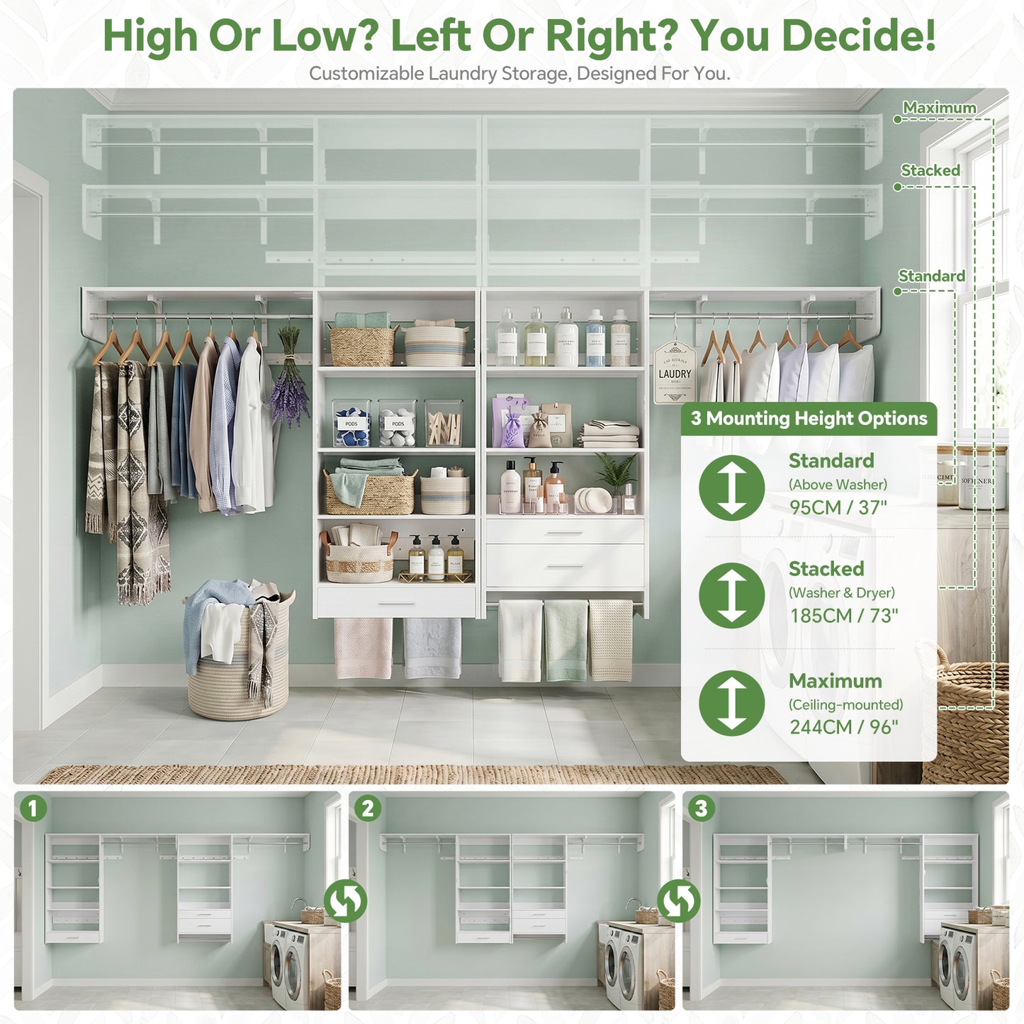 120" Large Laundry Room Organization Set with Pull-Out Drawer/Stand Shelf