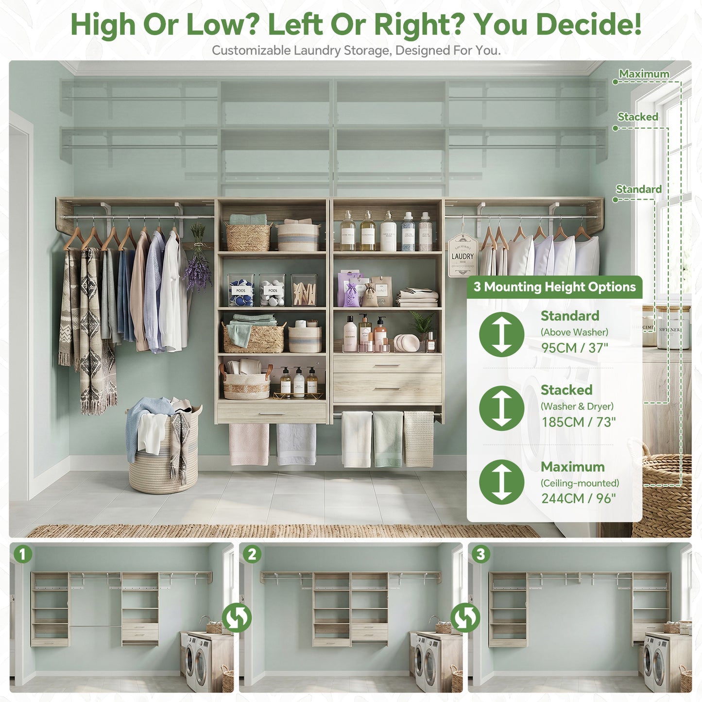 120" Large Laundry Room Organization Set with Pull-Out Drawer/Stand Shelf