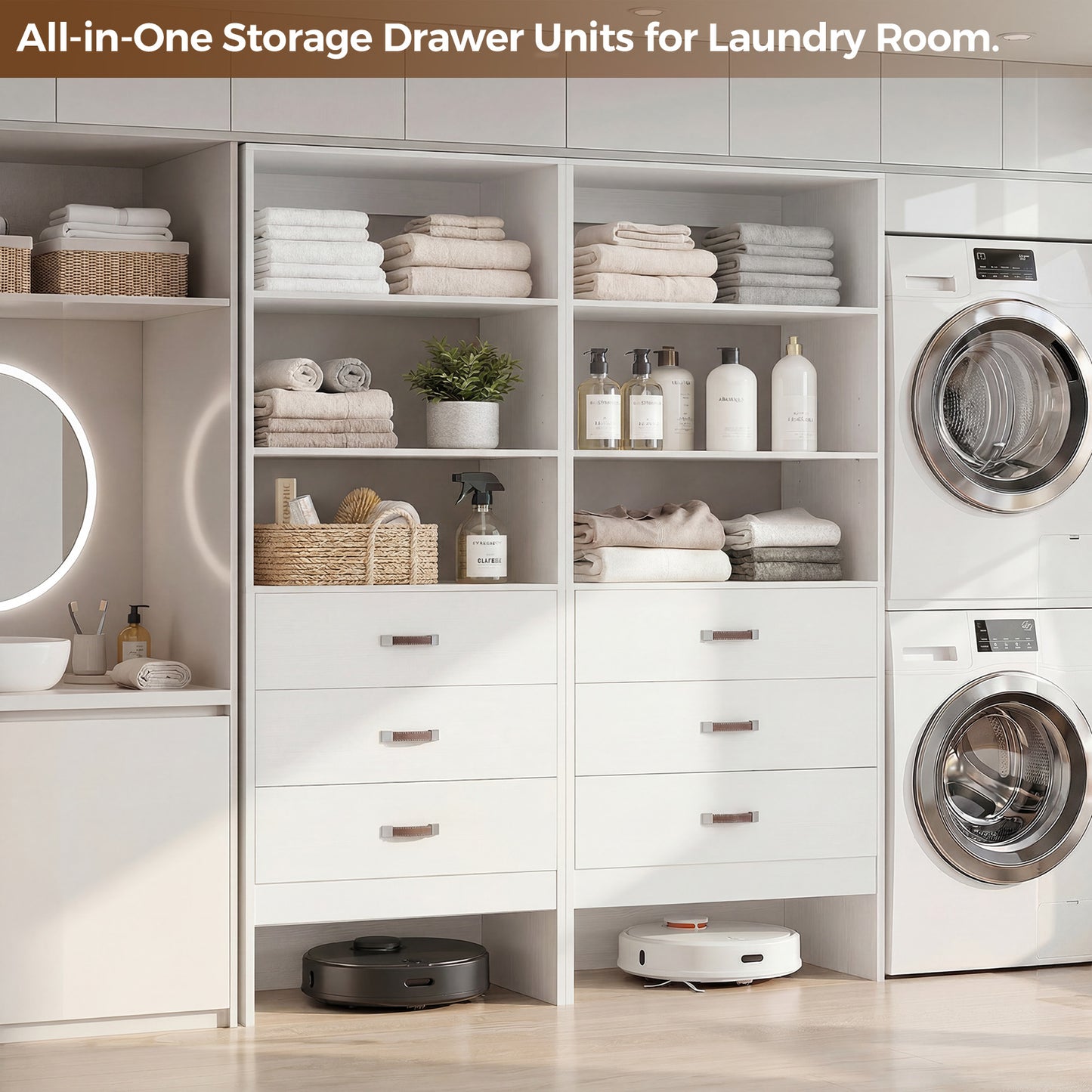 Freestanding 2FT Closet System with Leather Handles, 24" Walk-in Closets Storage Unit with Cabinet, Set of 2