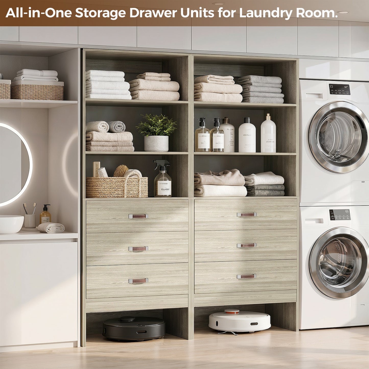 Freestanding 2FT Closet System with Leather Handles, 24" Walk-in Closets Storage Unit with Cabinet, Set of 2