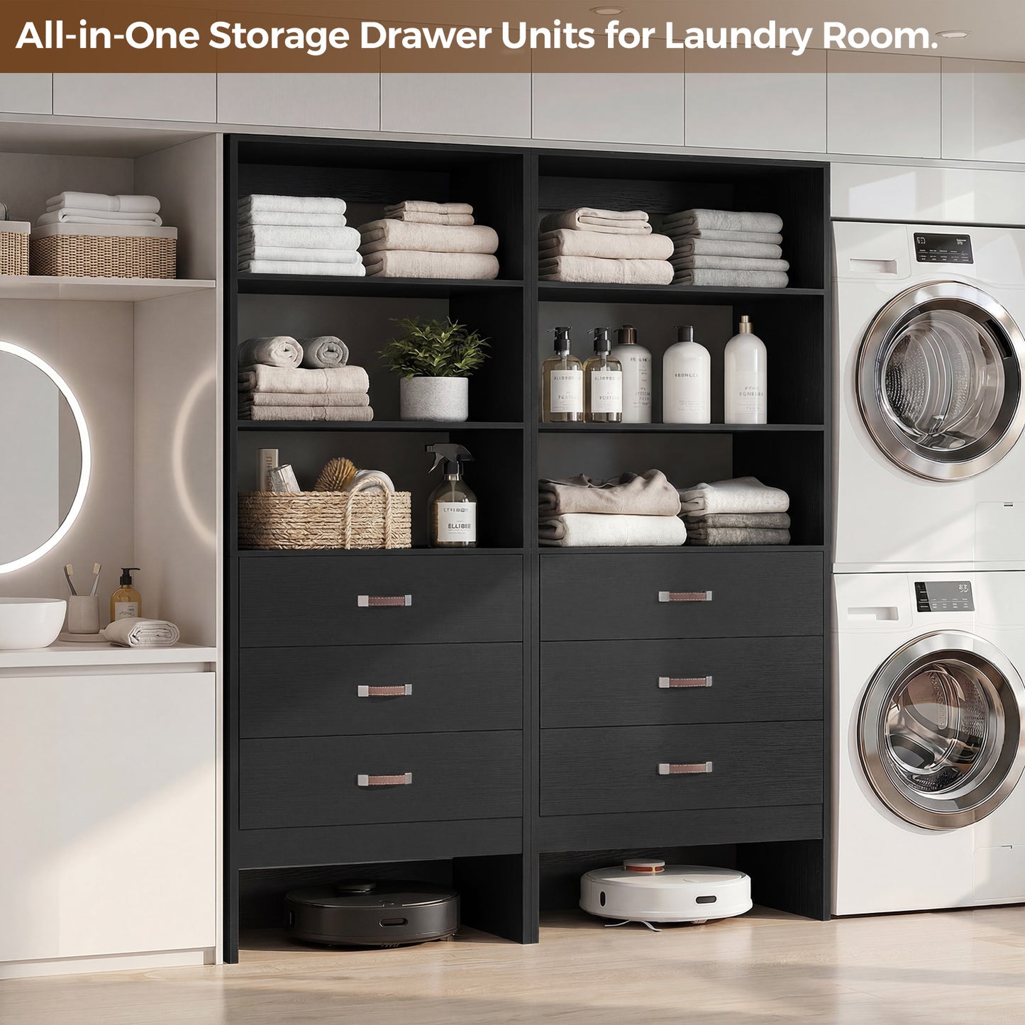 Freestanding 2FT Closet System with Leather Handles, 24" Walk-in Closets Storage Unit with Cabinet, Set of 2