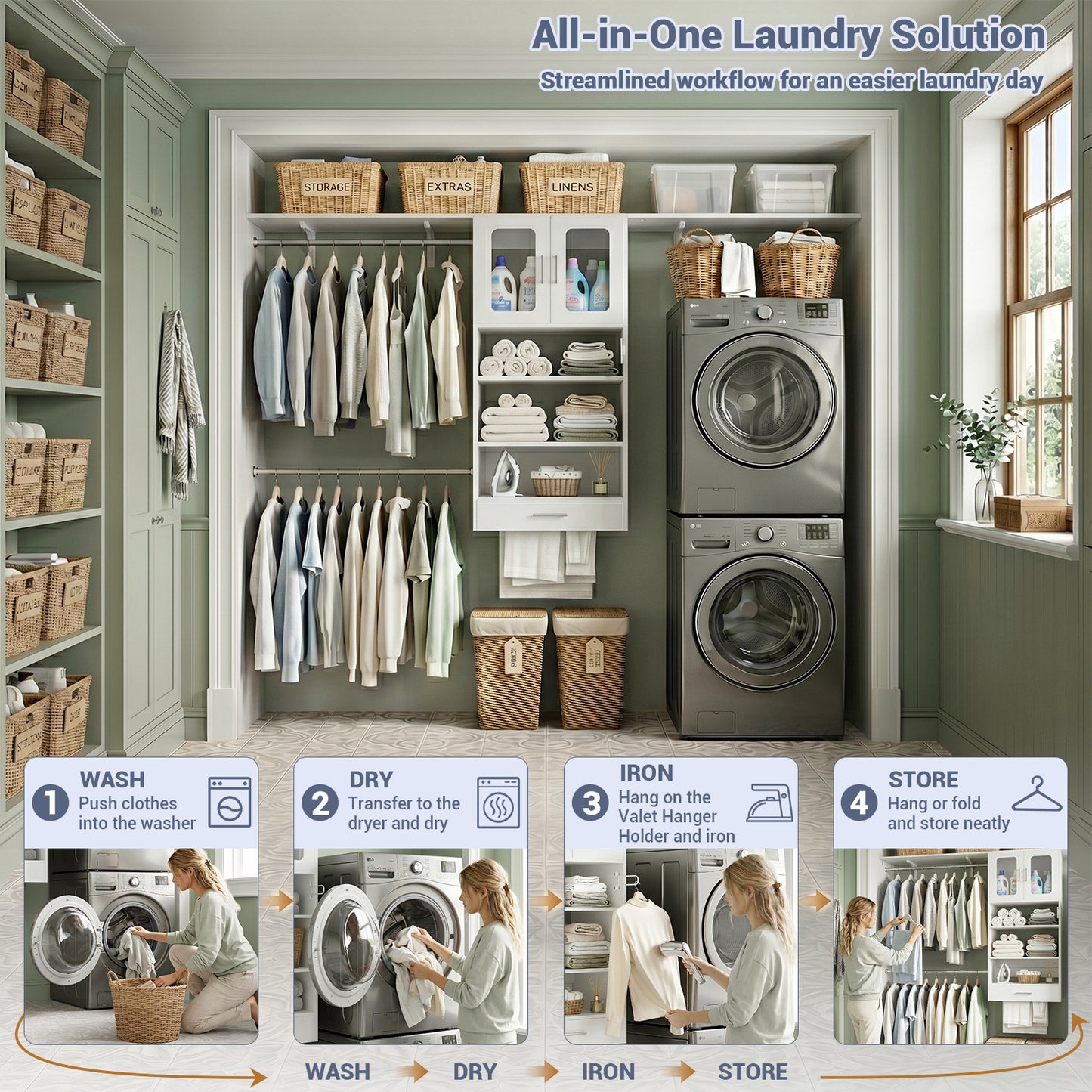 96" Wall Mounted Laundry Room Organization with Doors