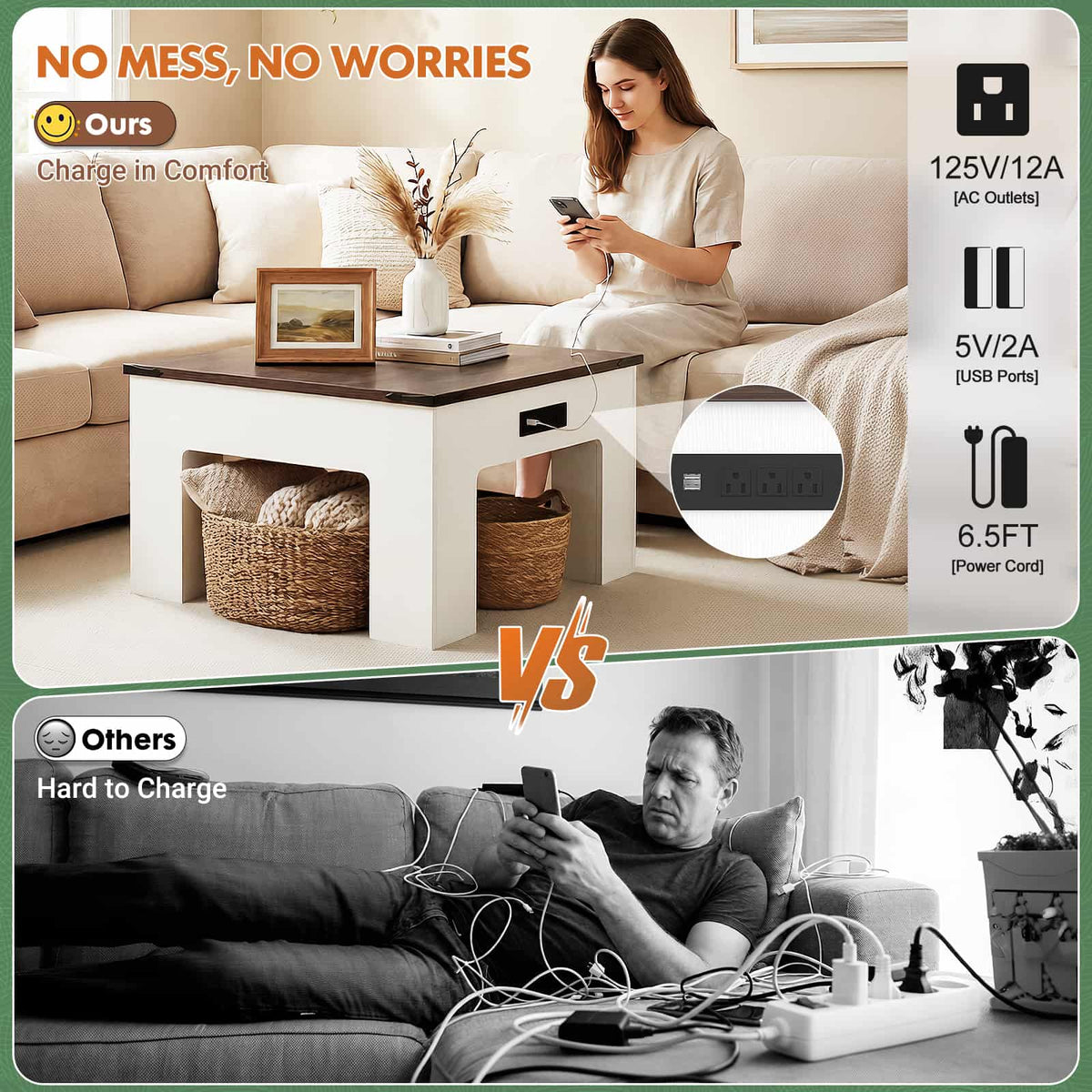 31.5" Square Coffee Table with Charging Station & LED Lights, 1" Thick Top