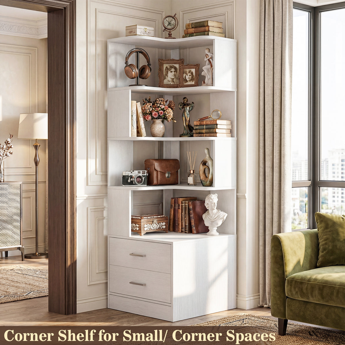 Corner Book Shelf with Drawers, Small Corner Shelf with Drawers