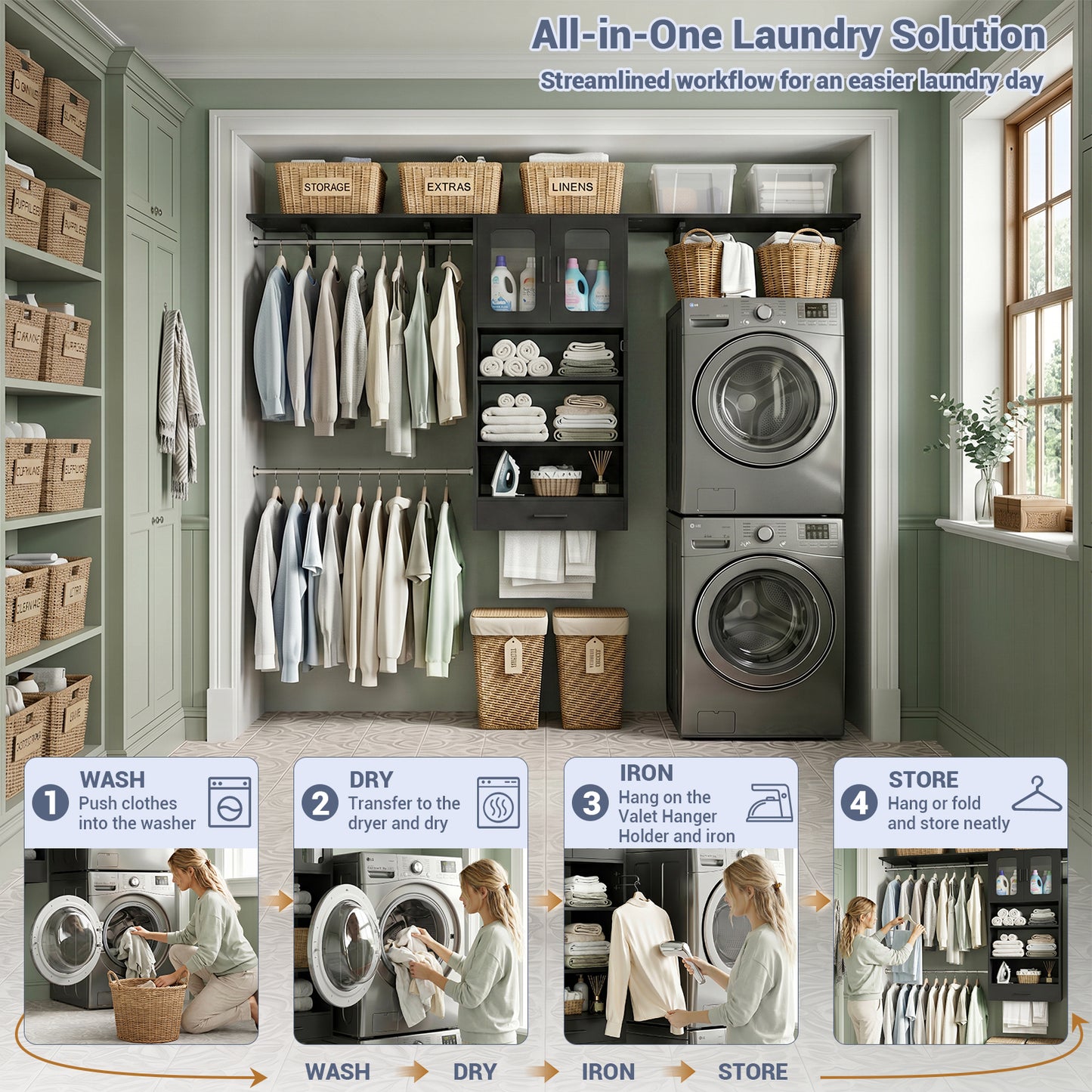 96" Wall Mounted Laundry Room Organization with Doors