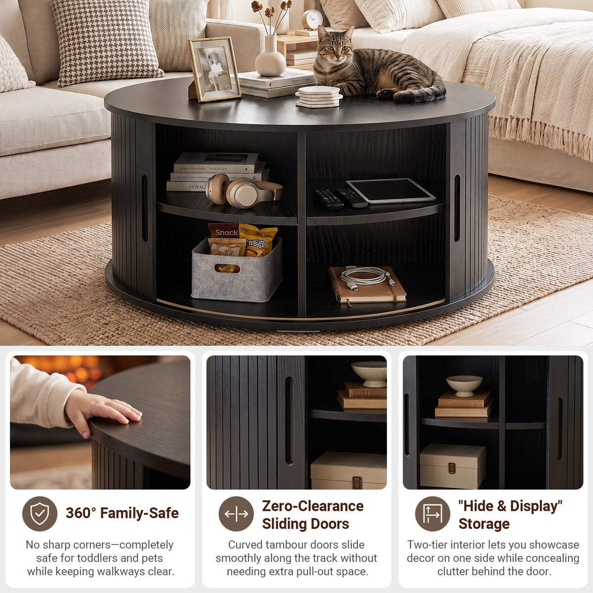 Round Coffee Table with Fluted Tambour Doors and Storage for Living Room