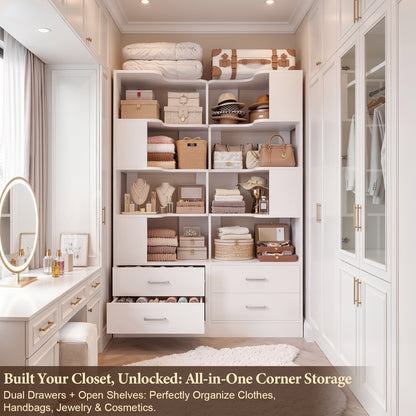 Corner Bookshelf with 4 Drawers, Small Corner Shelf with Drawers