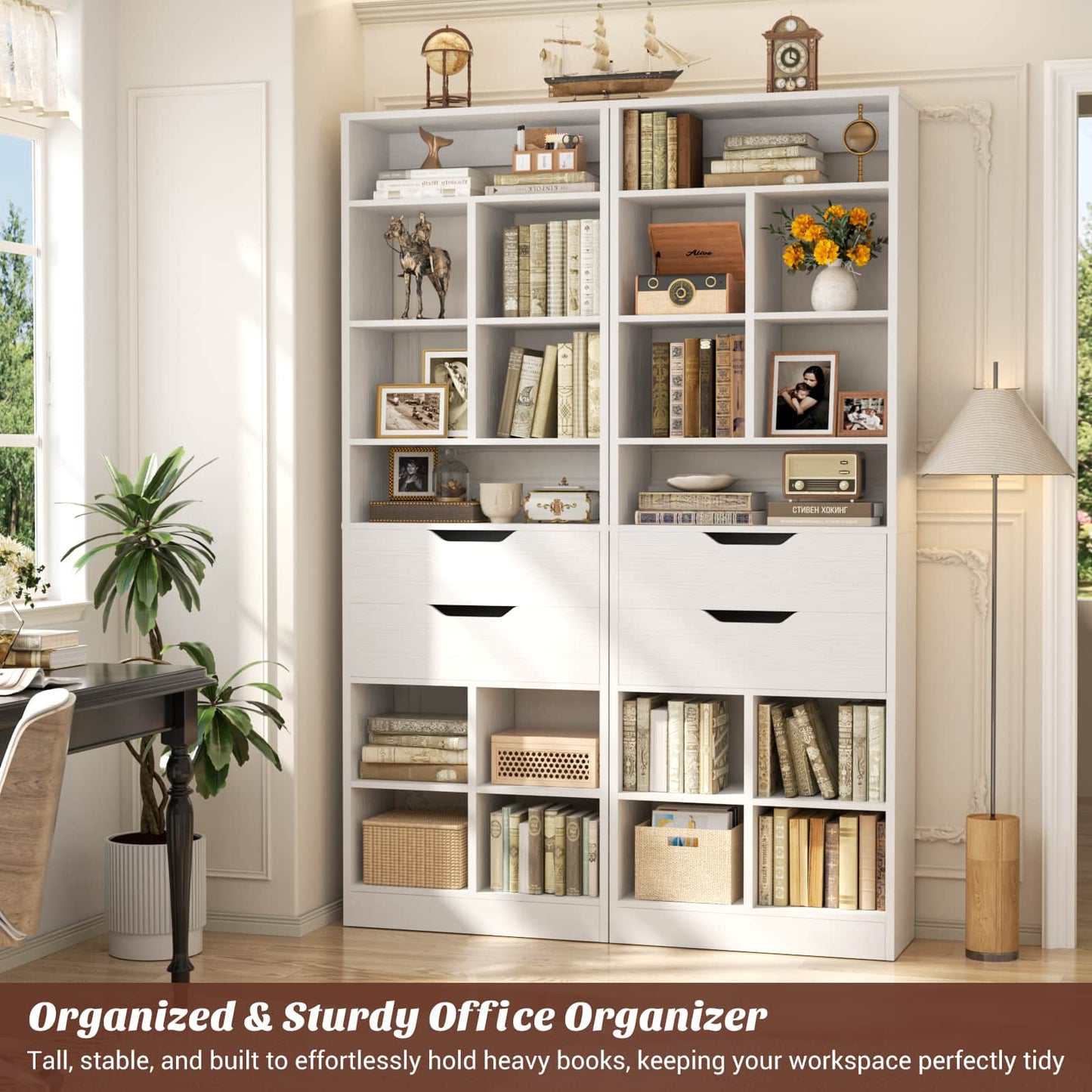 9-Tier Tall Bookshelf with 8 Drawers, 79.7" Narrow Bookcase Set of 4