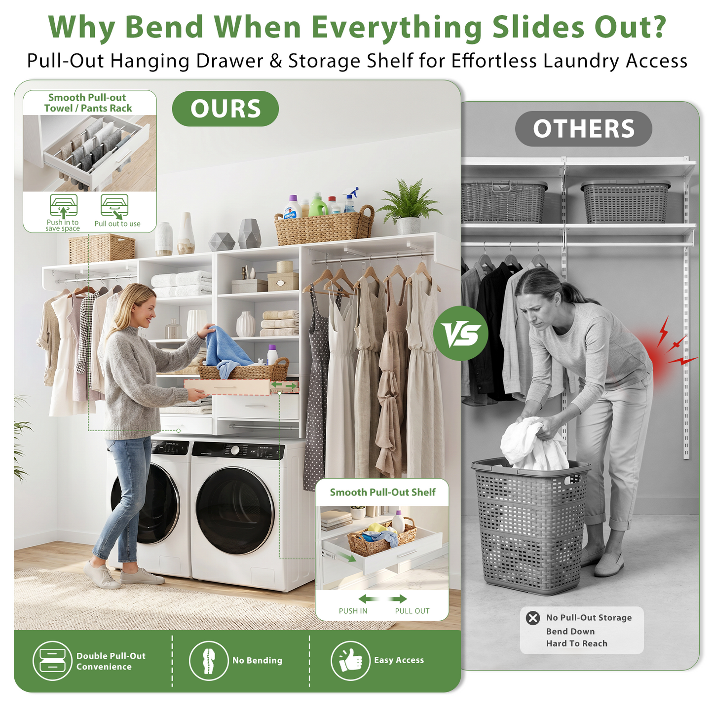 120" Large Laundry Room Organization Set with Pull-Out Drawer/Stand Shelf