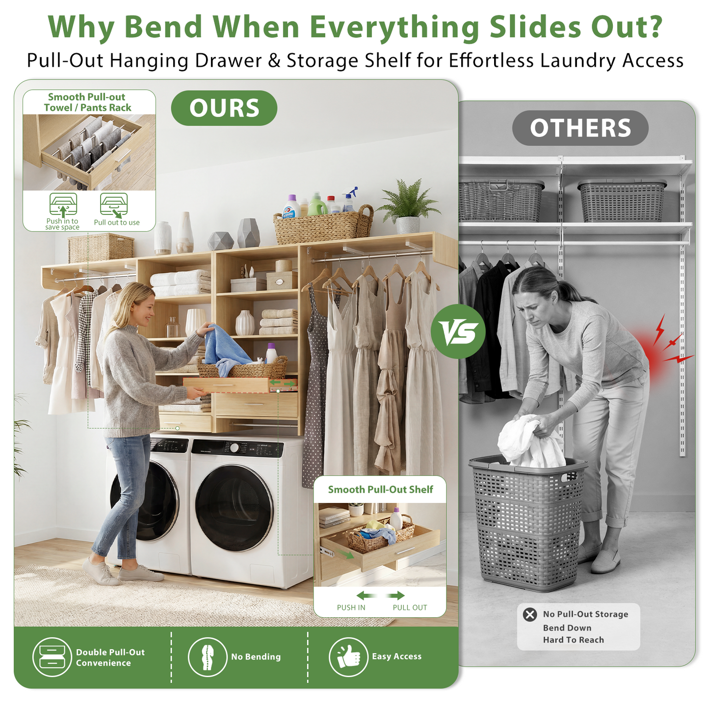 120" Large Laundry Room Organization Set with Pull-Out Drawer/Stand Shelf