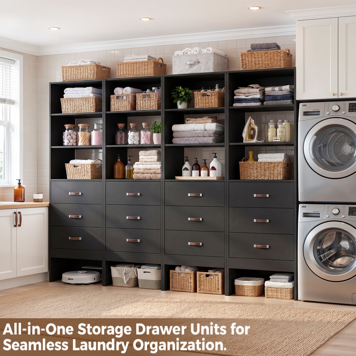 Freestanding 2FT Closet System with Leather Handles, 24" Walk-in Closets Storage Unit with Cabinet, Set of 4
