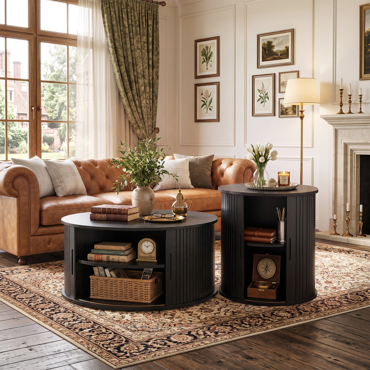 Round Coffee Table with Fluted Tambour Doors and Storage for Living Room