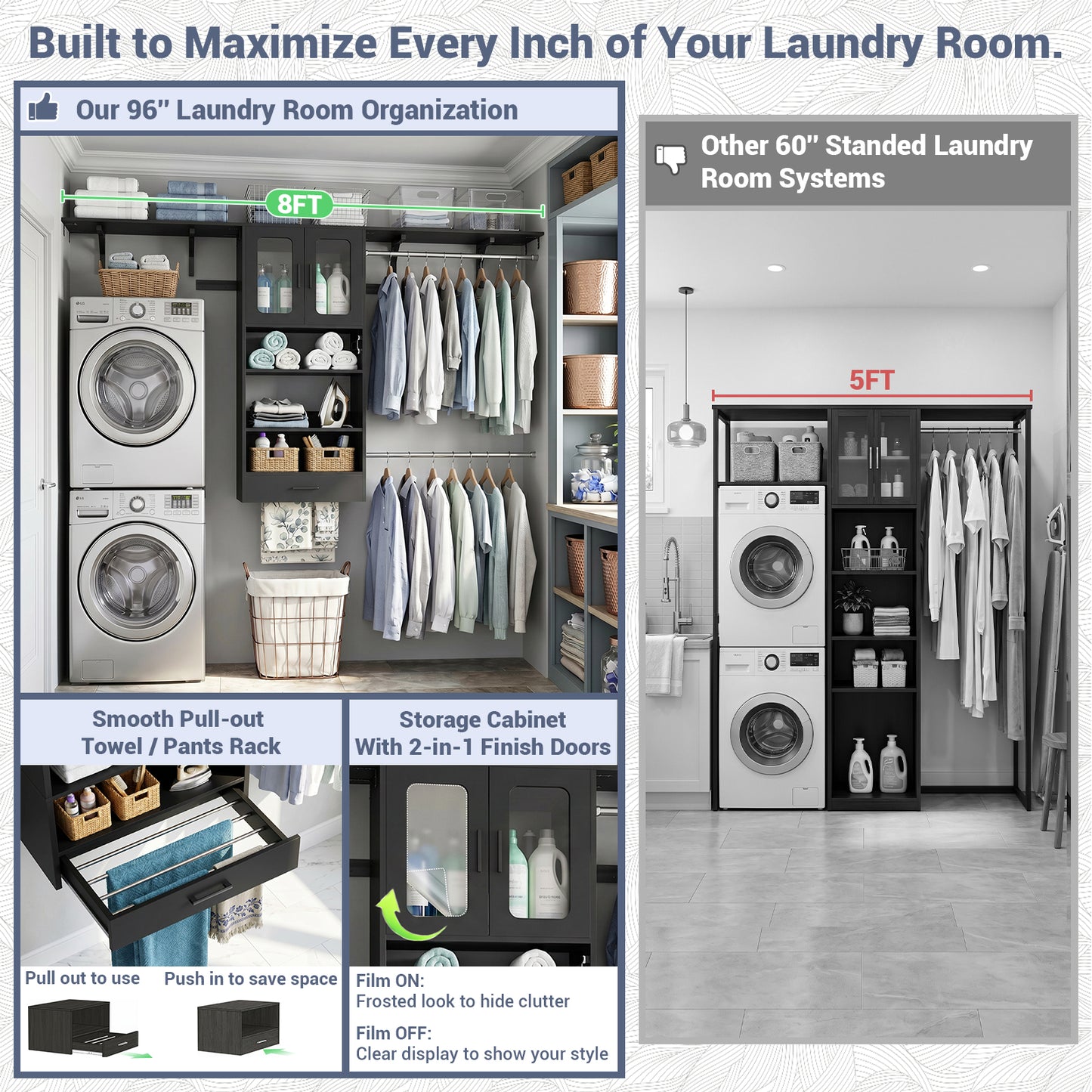 96" Wall Mounted Laundry Room Organization with Doors