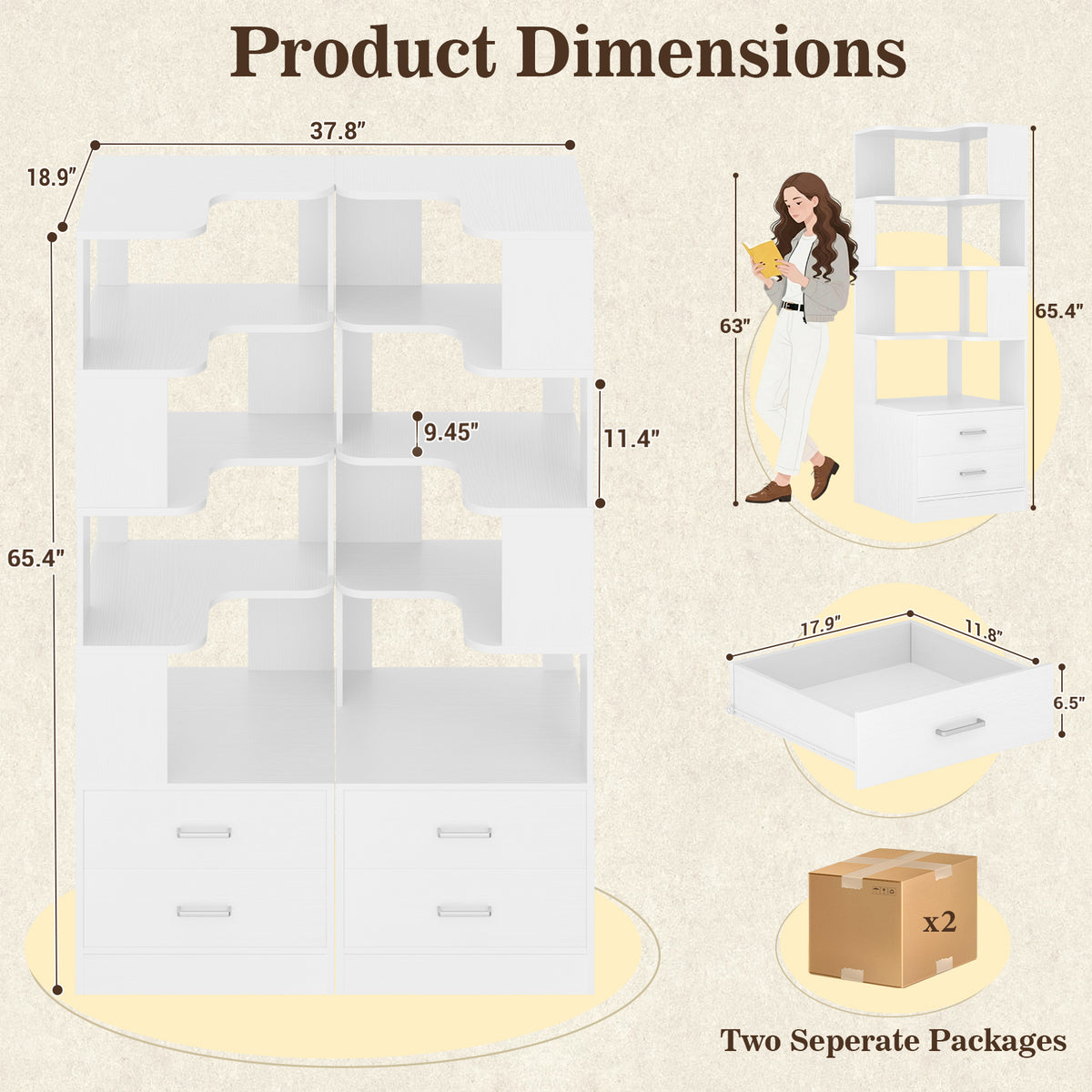 Corner Bookshelf with 4 Drawers, Small Corner Shelf with Drawers