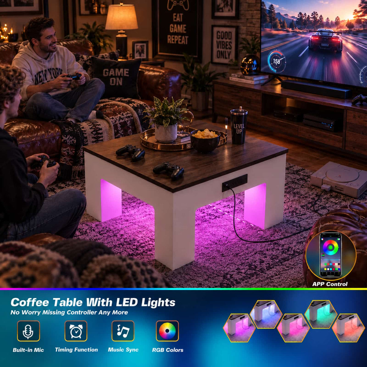 31.5" Square Coffee Table with Charging Station & LED Lights, 1" Thick Top