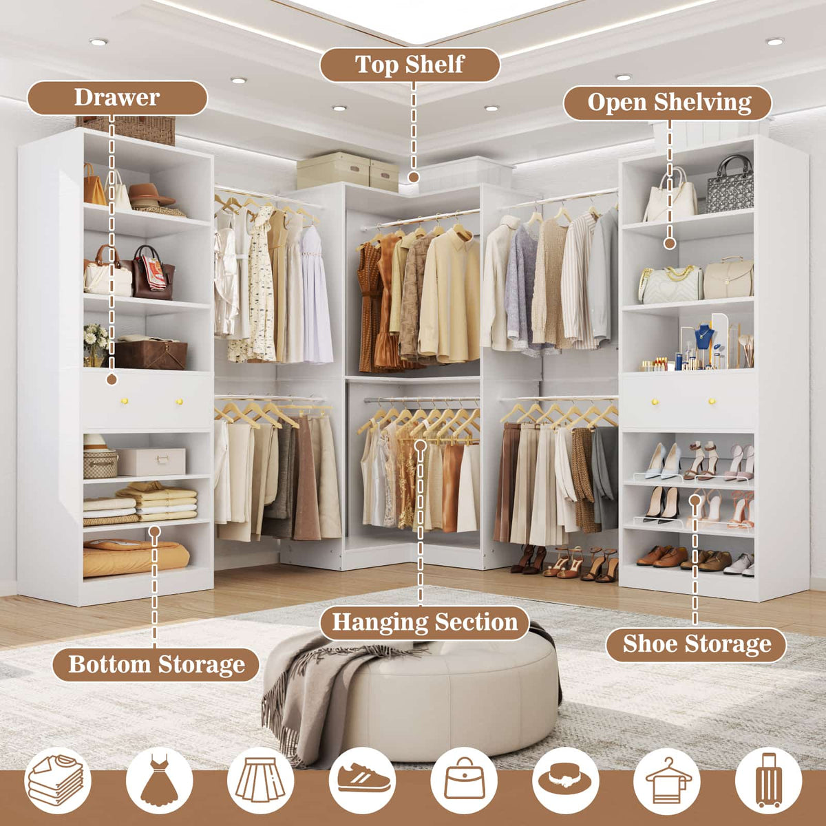 6.6-18.2 FT Expandable Corner Closet System Set of 3 with 2 Drawers