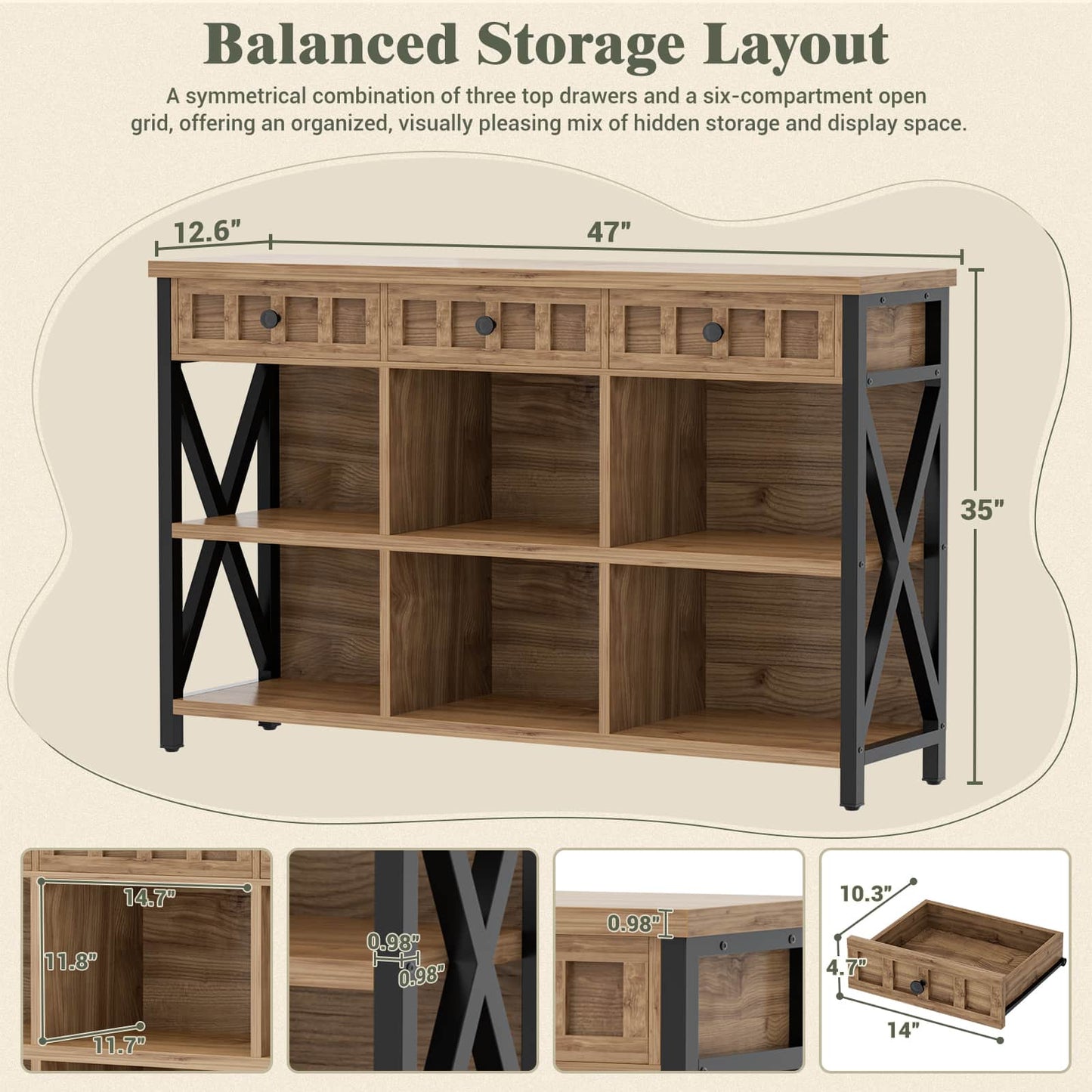 6 Cube Storage Organizer Bookcase, Cube Bookshelf with Drawers 47"