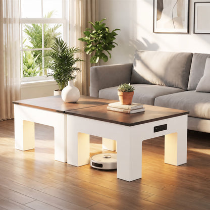 31.5" Square Coffee Table with Charging Station & LED Lights, 1" Thick Top