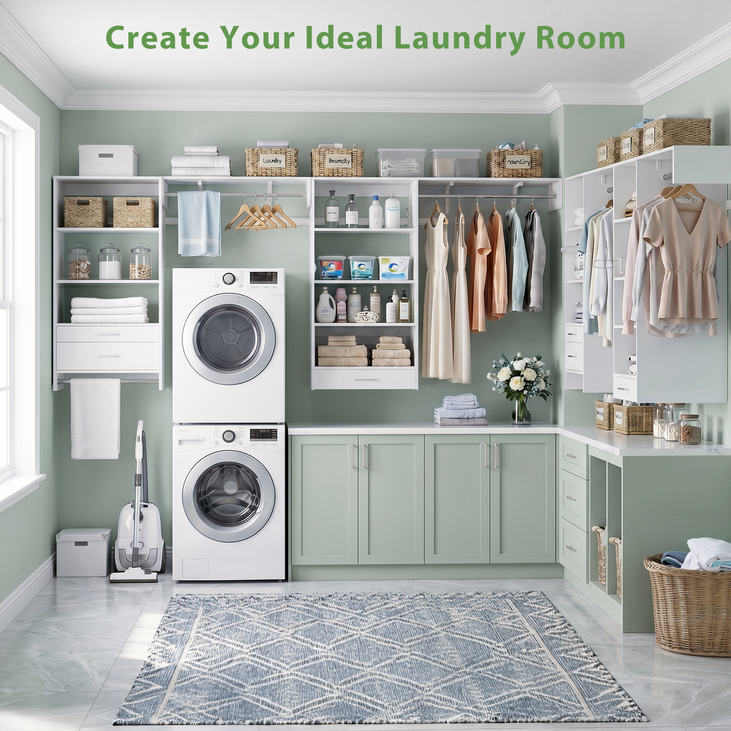 120" Large Laundry Room Organization Set with Pull-Out Drawer/Stand Shelf