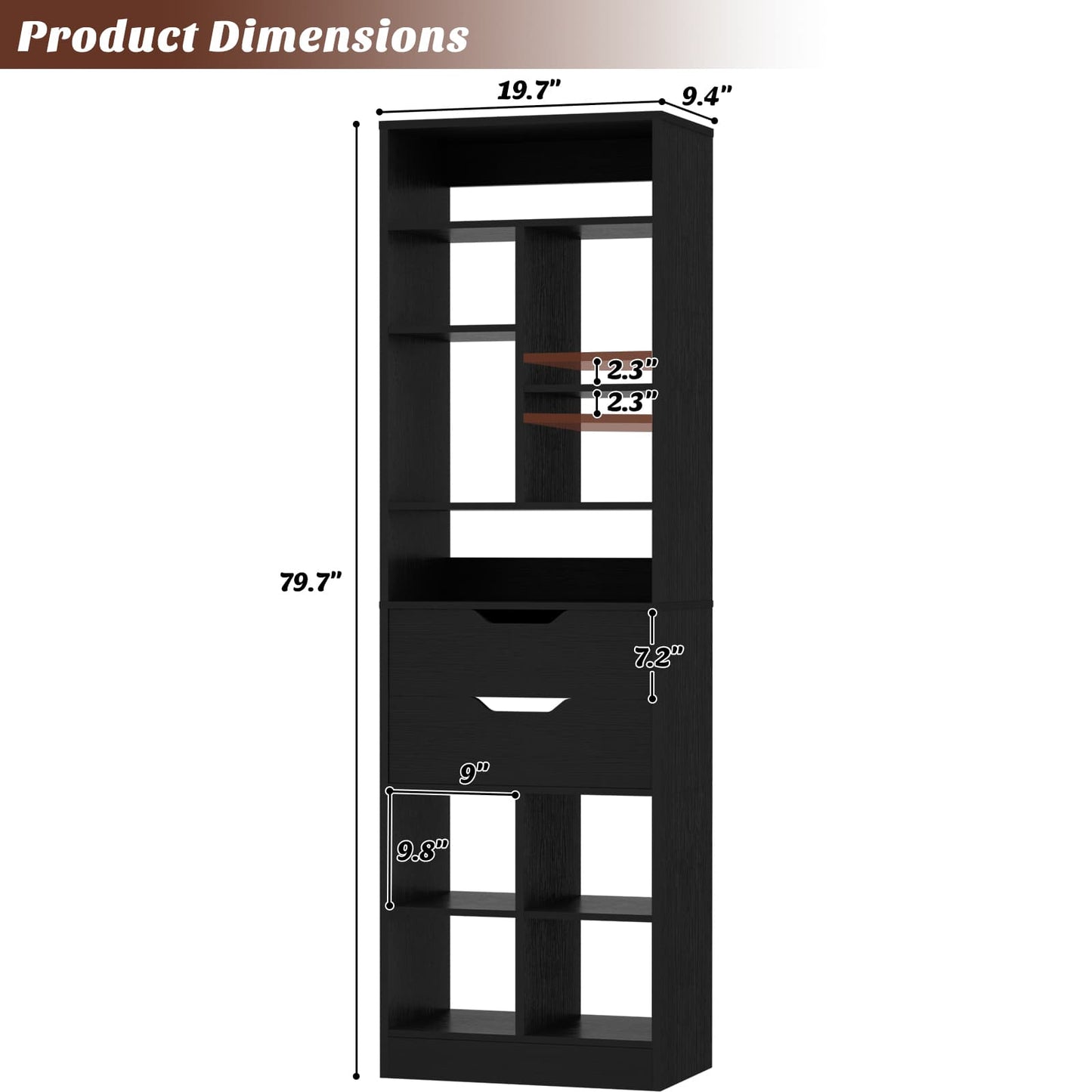 9-Tier Tall Bookshelf with Drawer, 79.7" Narrow Freestanding Bookcase, for Living Room, Home Office Bedroom