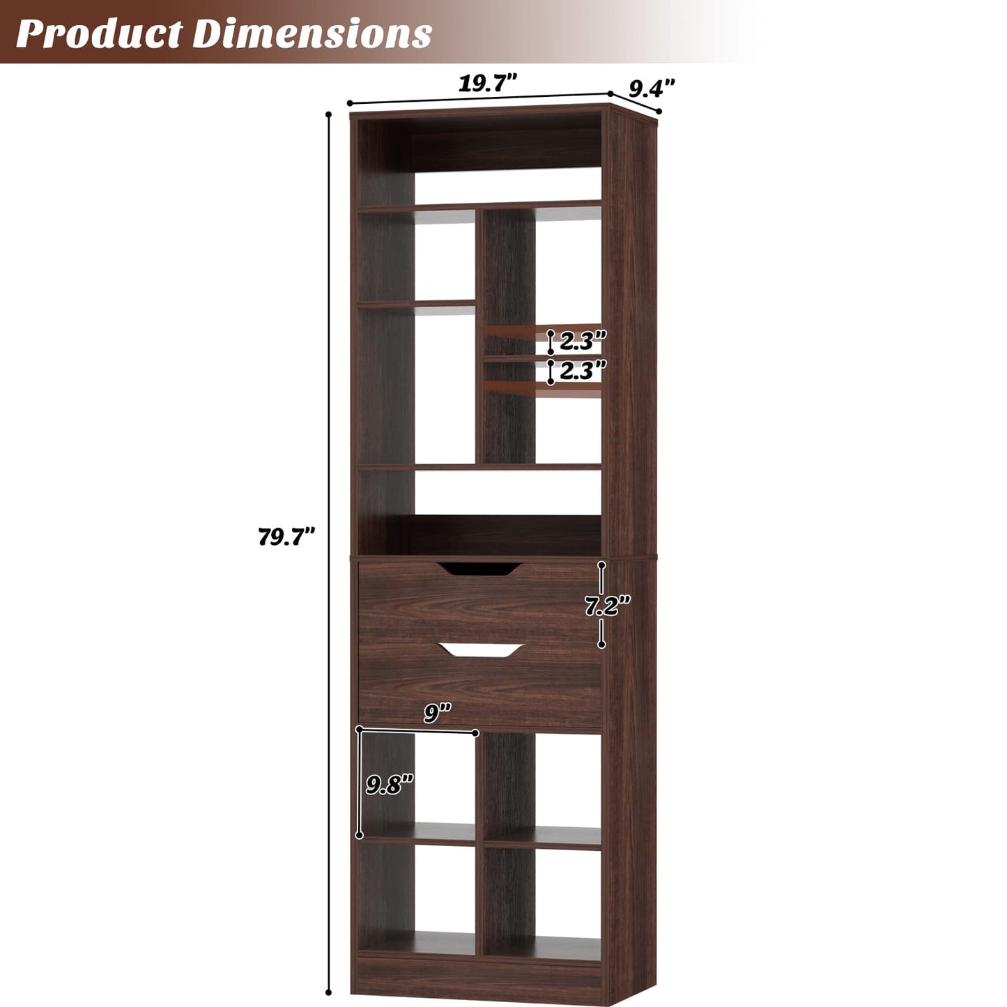 9-Tier Tall Bookshelf with Drawer, 79.7" Narrow Freestanding Bookcase, for Living Room, Home Office Bedroom