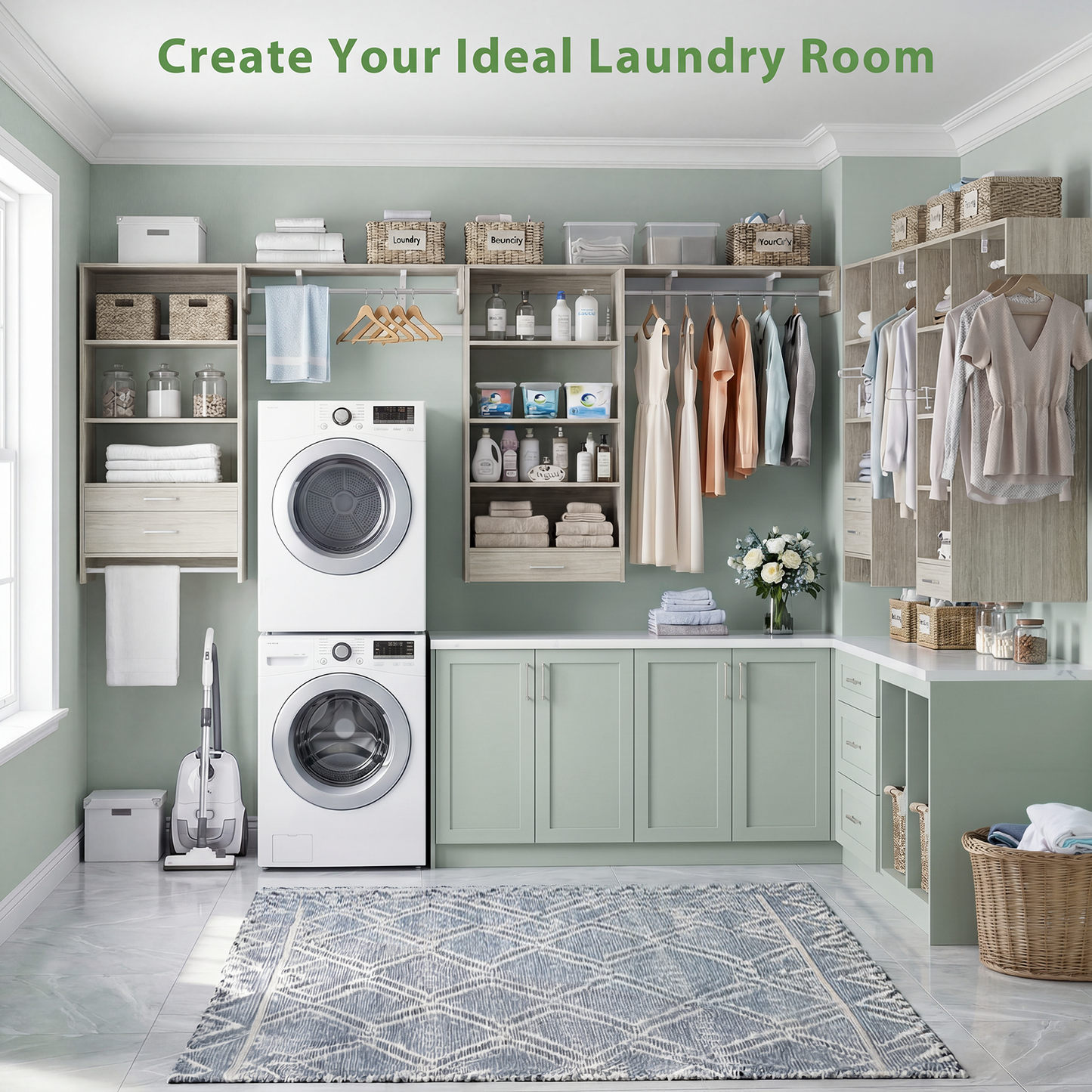 120" Large Laundry Room Organization Set with Pull-Out Drawer/Stand Shelf