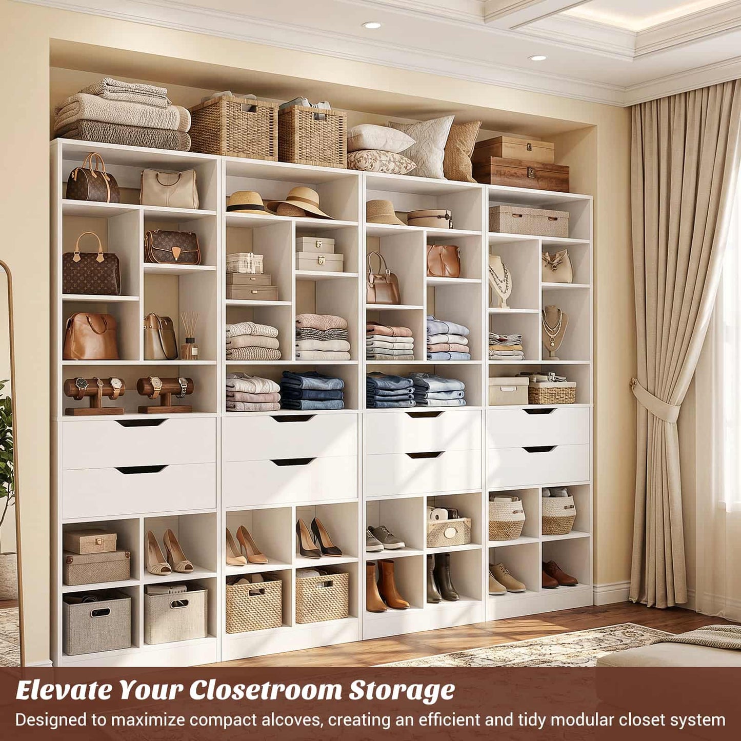 9-Tier Tall Bookshelf with 4 Drawers, 79.7" Narrow Bookcase Set of 2