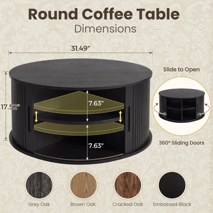Round Coffee Table with Fluted Tambour Doors and Storage for Living Room