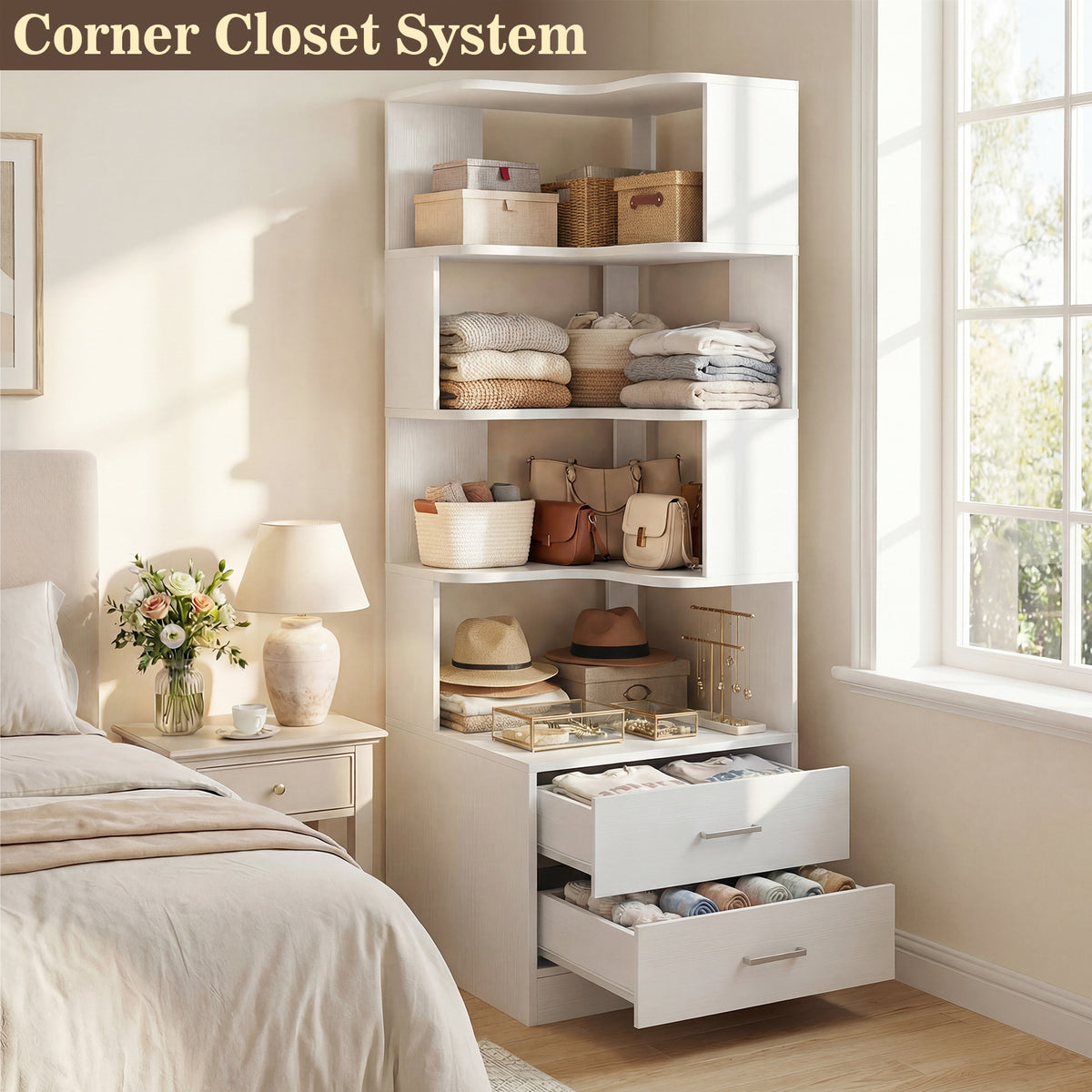 Corner Book Shelf with Drawers, Small Corner Shelf with Drawers