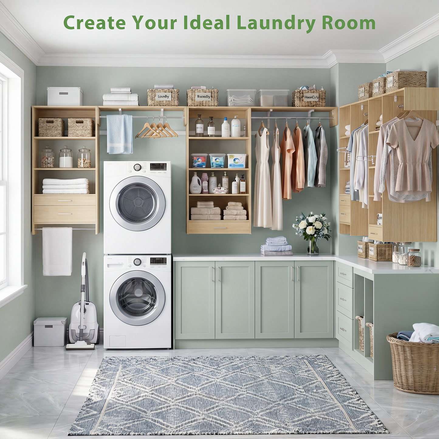 120" Large Laundry Room Organization Set with Pull-Out Drawer/Stand Shelf