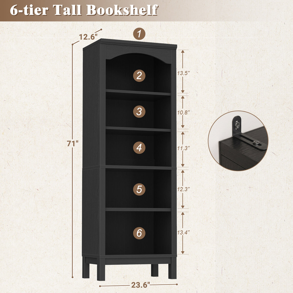 6 Tier Arched Bookshelf, 23.7" Wide