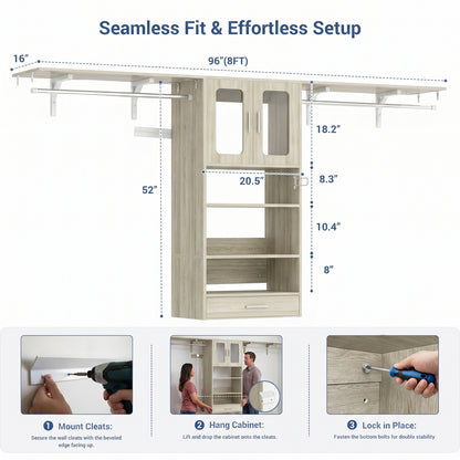 96" Wall Mounted Laundry Room Organization with Doors