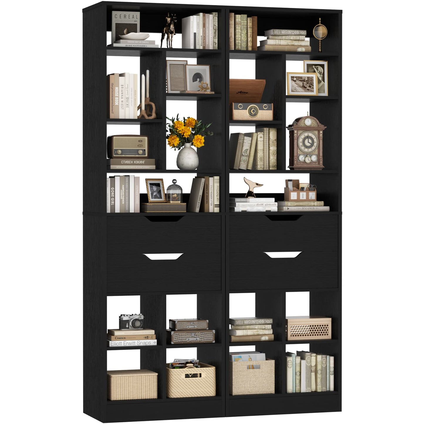 9-Tier Tall Bookshelf with 4 Drawers, 79.7" Narrow Bookcase Set of 2