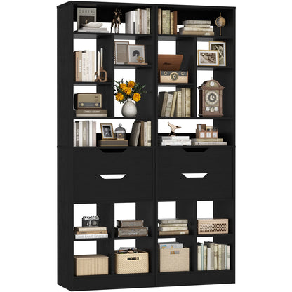 9-Tier Tall Bookshelf with 4 Drawers, 79.7" Narrow Bookcase Set of 2