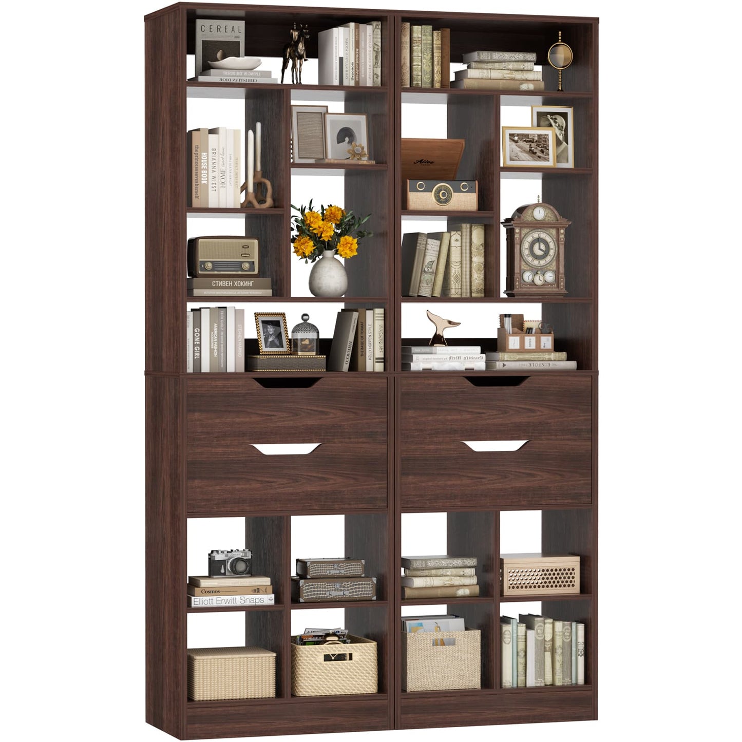 9-Tier Tall Bookshelf with 4 Drawers, 79.7" Narrow Bookcase Set of 2