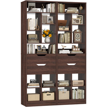 9-Tier Tall Bookshelf with 4 Drawers, 79.7" Narrow Bookcase Set of 2