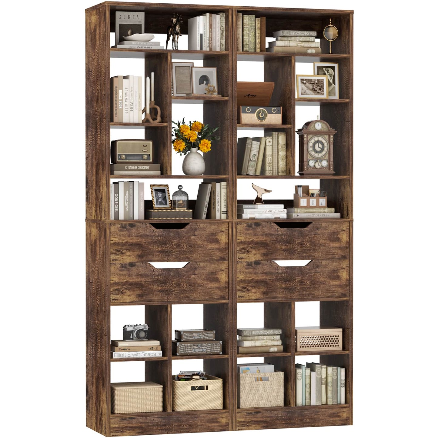 9-Tier Tall Bookshelf with 4 Drawers, 79.7" Narrow Bookcase Set of 2