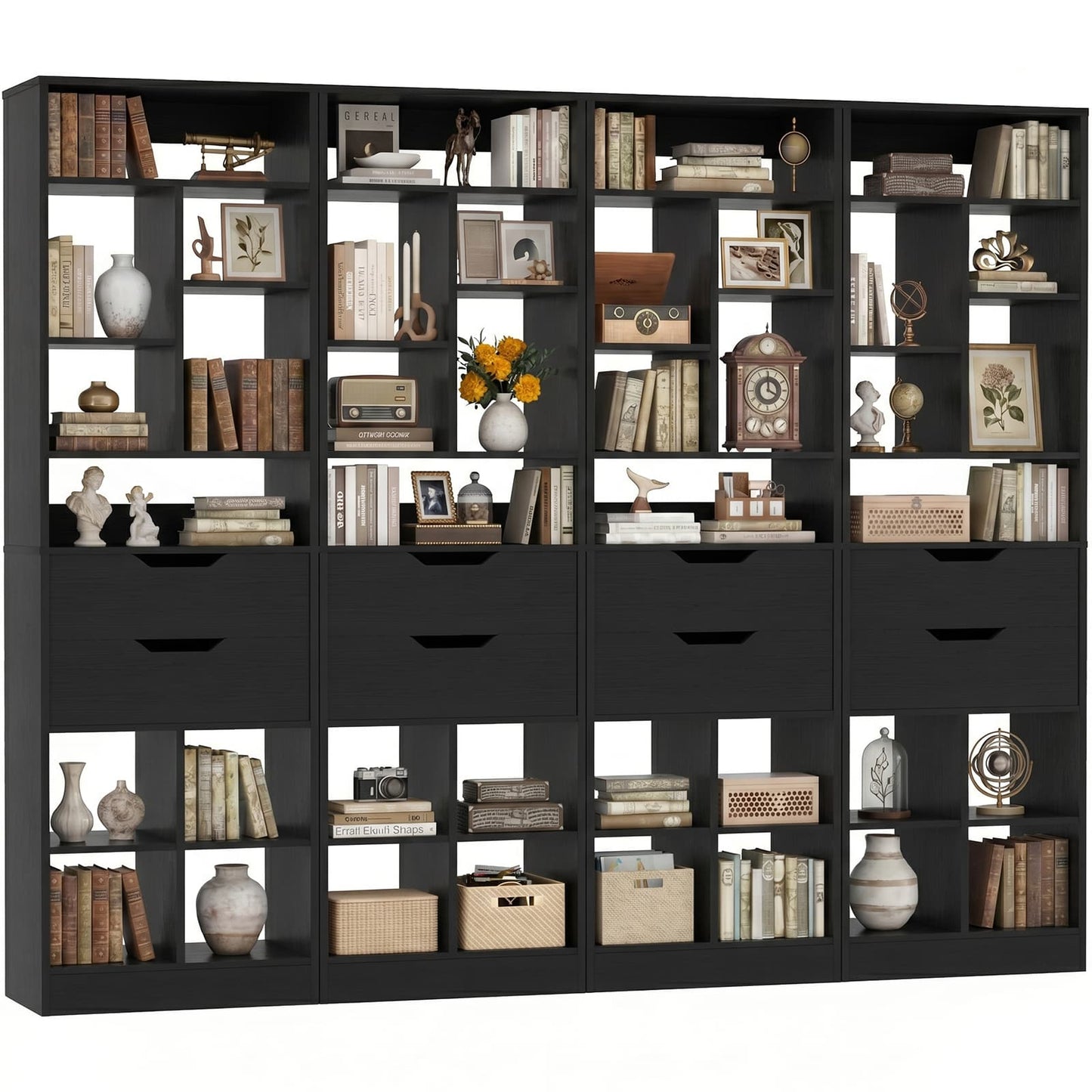 9-Tier Tall Bookshelf with 8 Drawers, 79.7" Narrow Bookcase Set of 4