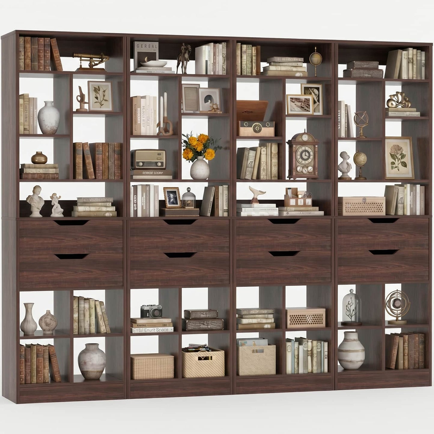 9-Tier Tall Bookshelf with 8 Drawers, 79.7" Narrow Bookcase Set of 4