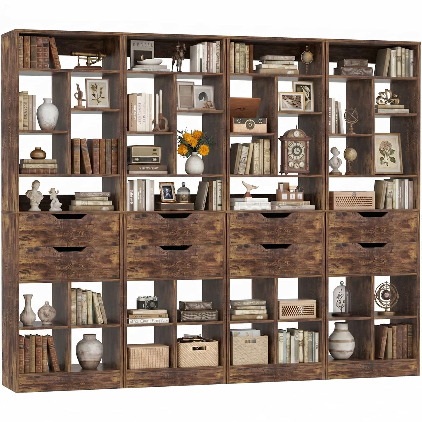9-Tier Tall Bookshelf with 8 Drawers, 79.7" Narrow Bookcase Set of 4