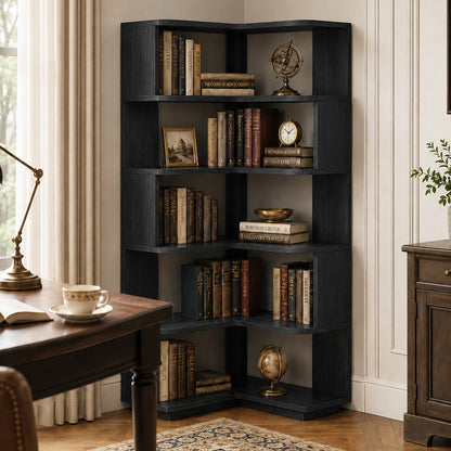 6-Shelf Corner Bookshelf, L-Shaped Tall Corner Shelf with Baffle, 90 Degree