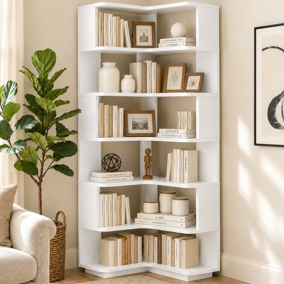 6-Shelf Corner Bookshelf, L-Shaped Tall Corner Shelf with Baffle, 90 Degree