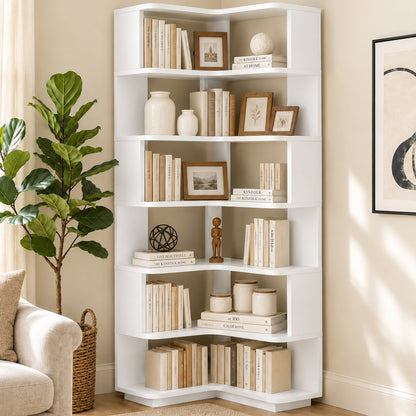6-Shelf Corner Bookshelf, L-Shaped Tall Corner Shelf with Baffle, 90 Degree