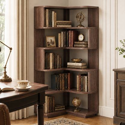 6-Shelf Corner Bookshelf, L-Shaped Tall Corner Shelf with Baffle, 90 Degree